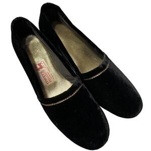 Vintage Black Velvet Merry Mules 7.5 Narrow by Beacon Slippers with Gold Piping